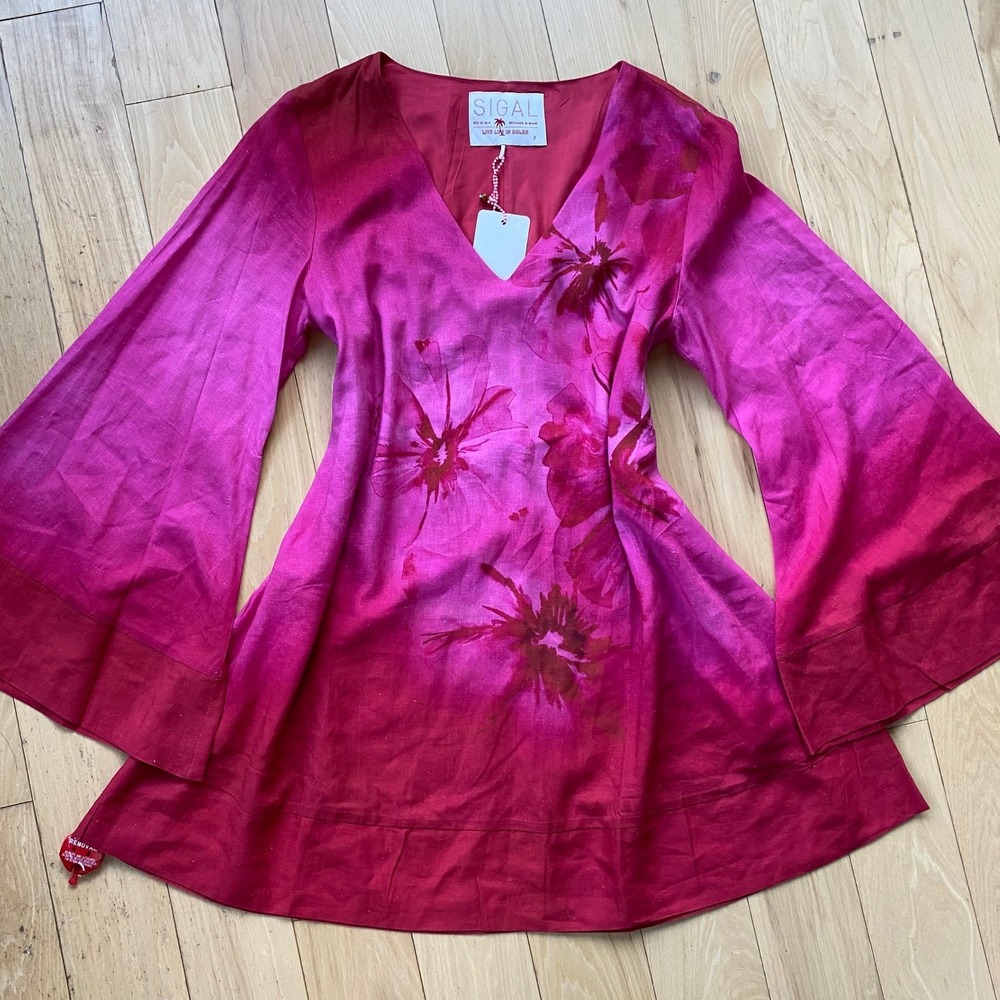 SIGAL Boho Pink Floral Linen Blend Bell Sleeve V-Neck Tunic Mini Dress - Small
